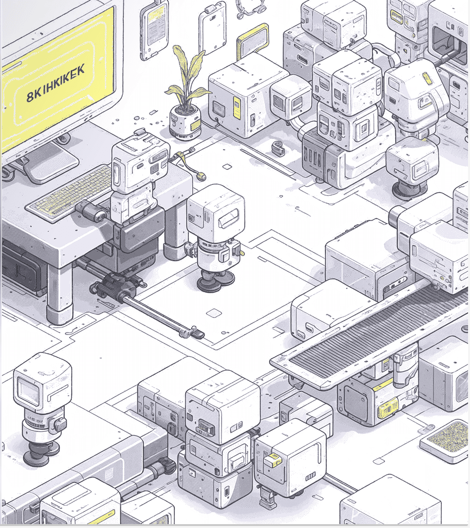 Isometric monochrome machinery illustration